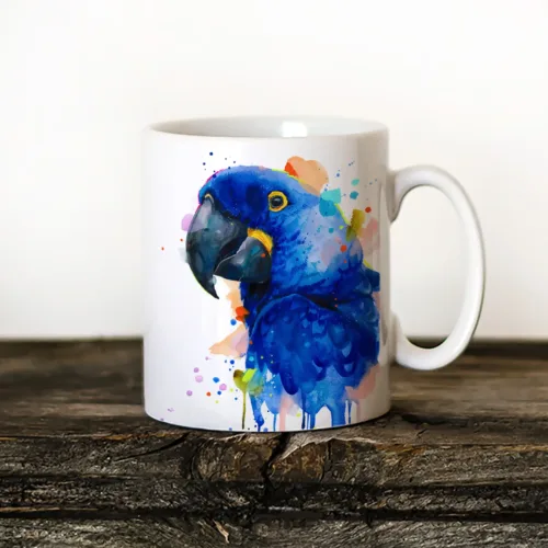 Hyacinth Macaw Art Mug, Watercolor Ceramic Mug 11 oz Hyacinth Macaw watercolor painting printed on an 11 oz ceramic art mug by Slaveika Aladjova