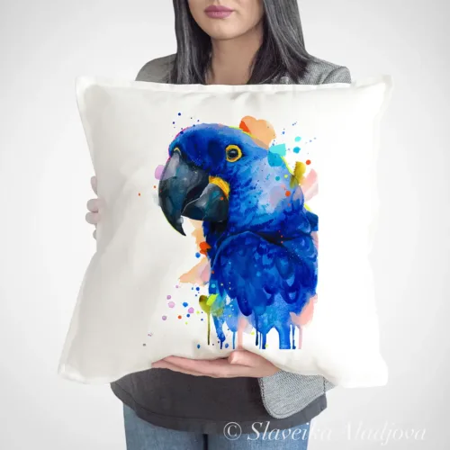 Hyacinth Macaw Art Pillow Cover, Watercolor Cushion 50 × 50 cm Hyacinth Macaw watercolor painting printed on a 50 x 50 cm cotton art pillow cover by Slaveika Aladjova