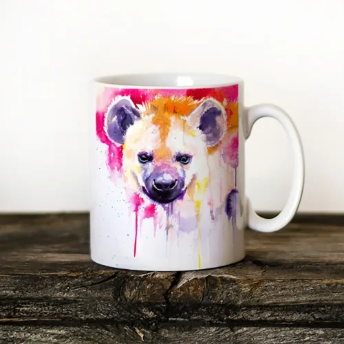 Hyena watercolor painting printed on an 11 oz ceramic art mug by Slaveika Aladjova