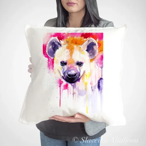 Hyena Art Pillow Cover, Watercolor Cushion 50 × 50 cm Hyena watercolor painting printed on a 50 x 50 cm cotton art pillow cover by Slaveika Aladjova