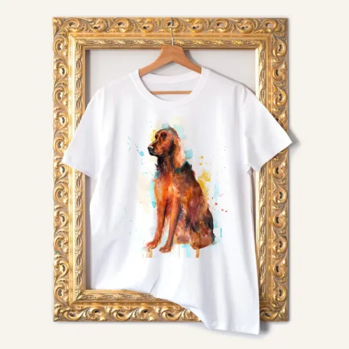 Irish Setter T-Shirt, Watercolor Art Tee Irish Setter watercolor painting printed on a white cotton T-shirt by Slaveika Aladjova