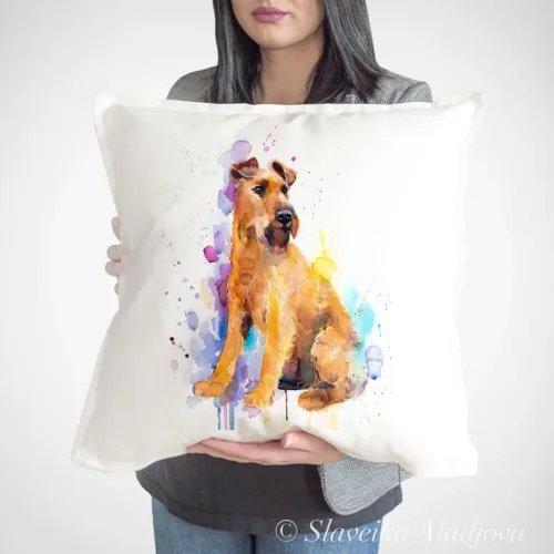 Irish Terrier Art Pillow Cover, Watercolor Cushion 50 × 50 cm Irish Terrier watercolor painting printed on a 50 x 50 cm cotton art pillow cover by Slaveika Aladjova