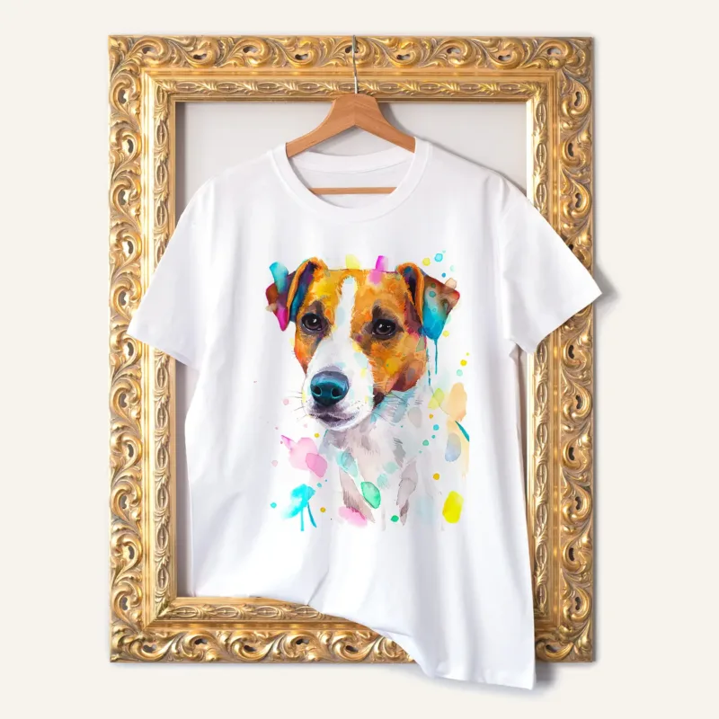 Jack Russell Terrier watercolor painting printed on a white cotton T-shirt by Slaveika Aladjova