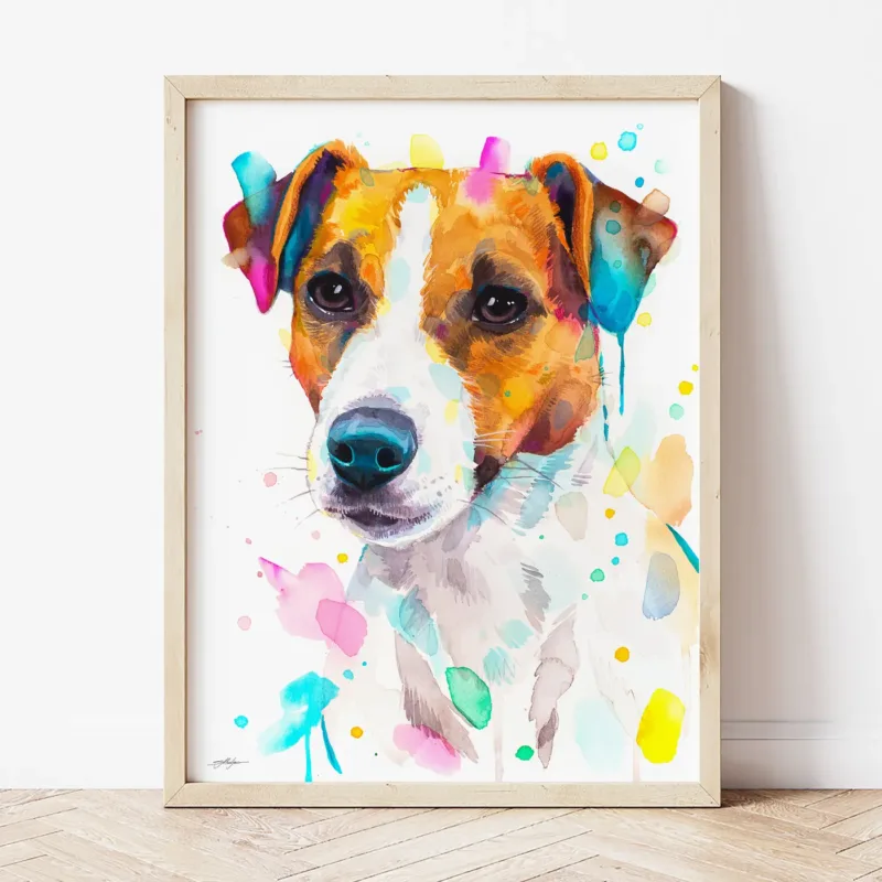Jack Russell Terrier watercolor painting the artwork on the T-shirt by Slaveika Aladjova