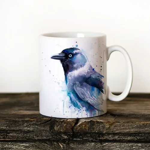 Jackdaw Art Mug, Watercolor Ceramic Mug 11 oz Jackdaw watercolor painting printed on an 11 oz ceramic art mug by Slaveika Aladjova