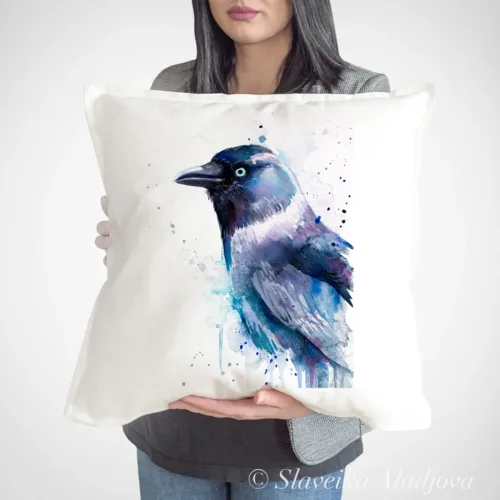 Jackdaw Art Pillow Cover, Watercolor Cushion 50 × 50 cm Jackdaw watercolor painting printed on a 50 x 50 cm cotton art pillow cover by Slaveika Aladjova
