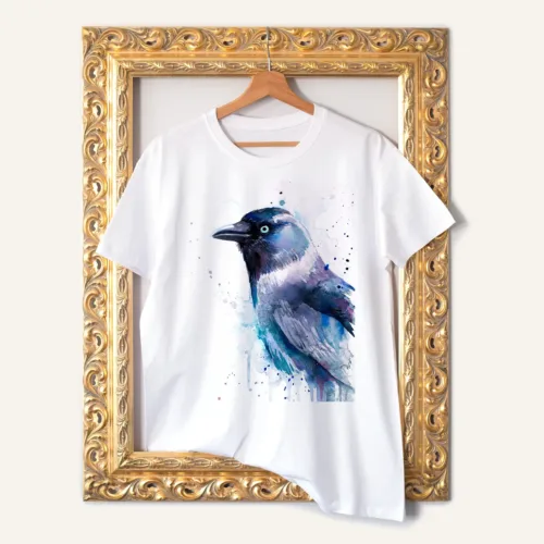 Jackdaw watercolor painting printed on a white cotton T-shirt by Slaveika Aladjova