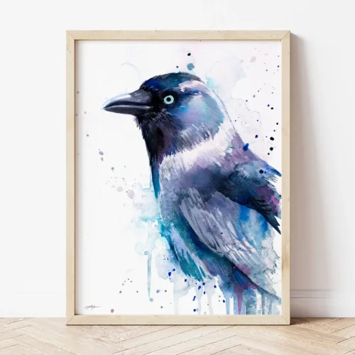 Jackdaw watercolor painting the artwork on the T-shirt by Slaveika Aladjova