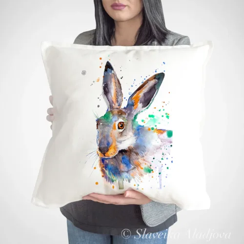 Jackrabbit Art Pillow Cover, Watercolor Cushion 50 × 50 cm Jackrabbit watercolor painting printed on a 50 x 50 cm cotton art pillow cover by Slaveika Aladjova