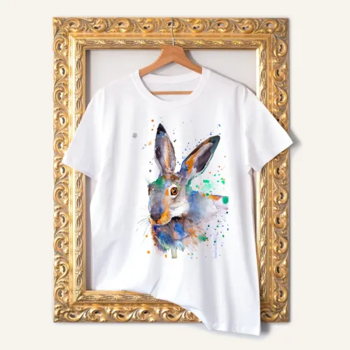 Jackrabbit T-Shirt, Watercolor Art Tee Jackrabbit watercolor painting printed on a white cotton T-shirt by Slaveika Aladjova