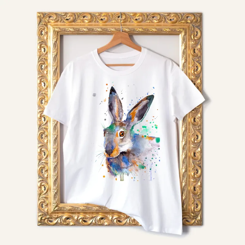 Jackrabbit watercolor painting printed on a white cotton T-shirt by Slaveika Aladjova