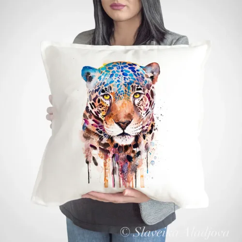 Jaguar Art Pillow Cover, Watercolor Cushion 50 × 50 cm Jaguar watercolor painting printed on a 50 x 50 cm cotton art pillow cover by Slaveika Aladjova
