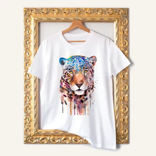 Jaguar T-Shirt, Watercolor Art Tee Jaguar watercolor painting printed on a white cotton T-shirt by Slaveika Aladjova