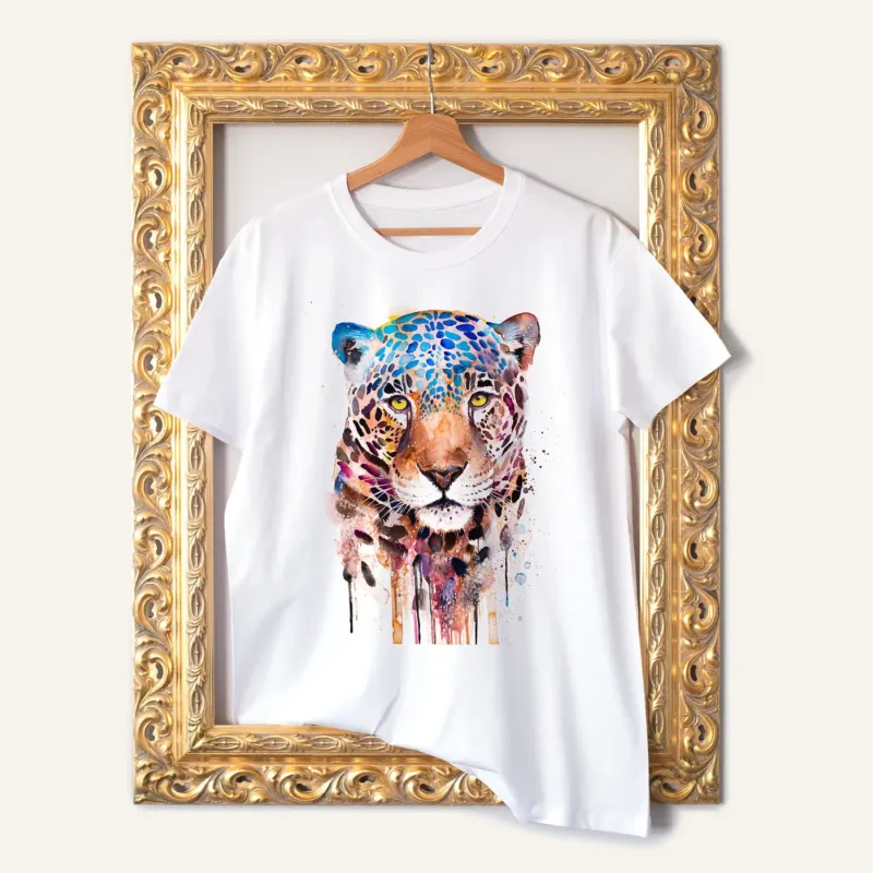 Jaguar watercolor painting printed on a white cotton T-shirt by Slaveika Aladjova
