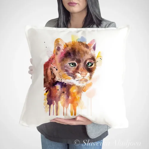 Jaguarundi Art Pillow Cover, Watercolor Cushion 50 × 50 cm Jaguarundi watercolor painting printed on a 50 x 50 cm cotton art pillow cover by Slaveika Aladjova