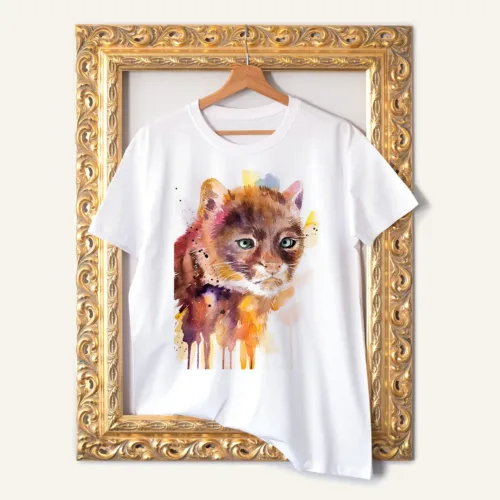 Jaguarundi T-Shirt, Watercolor Art Tee Jaguarundi watercolor painting printed on a white cotton T-shirt by Slaveika Aladjova