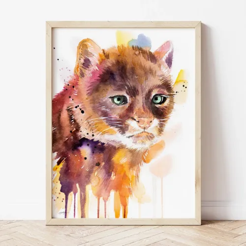 Jaguarundi watercolor painting the artwork on the T-shirt by Slaveika Aladjova