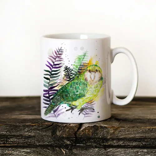 Kakapo Art Mug, Watercolor Ceramic Mug 11 oz Kakapo watercolor painting printed on an 11 oz ceramic art mug by Slaveika Aladjova