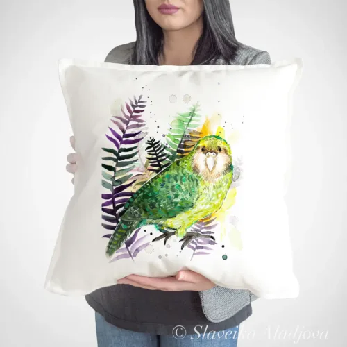 Kakapo watercolor painting printed on a 50 x 50 cm cotton art pillow cover by Slaveika Aladjova