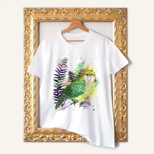 Kakapo watercolor painting printed on a white cotton T-shirt by Slaveika Aladjova