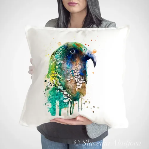 Kea Art Pillow Cover, Watercolor Cushion 50 × 50 cm Kea watercolor painting printed on a 50 x 50 cm cotton art pillow cover by Slaveika Aladjova