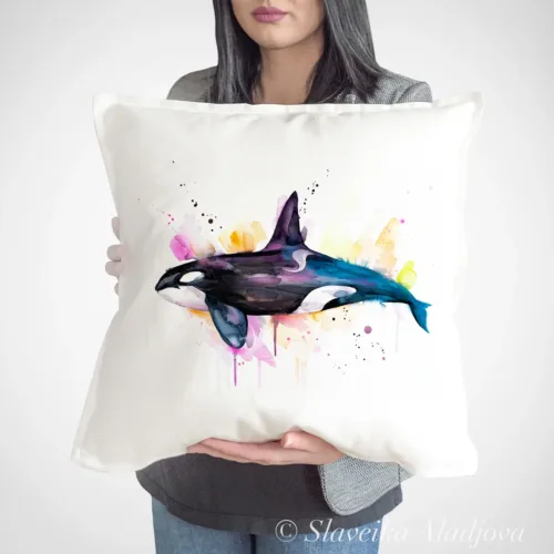 Killer Whale Art Pillow Cover, Watercolor Cushion 50 × 50 cm Killer Whale watercolor painting printed on a 50 x 50 cm cotton art pillow cover by Slaveika Aladjova