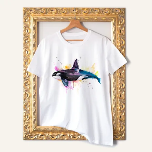 Killer Whale T-Shirt, Watercolor Art Tee Killer Whale watercolor painting printed on a white cotton T-shirt by Slaveika Aladjova