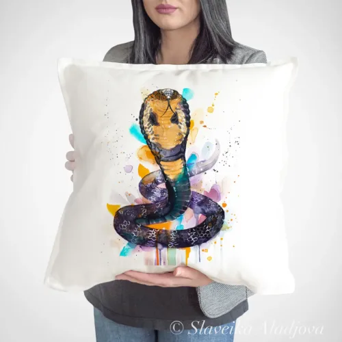 King Cobra Art Pillow Cover, Watercolor Cushion 50 × 50 cm King Cobra watercolor painting printed on a 50 x 50 cm cotton art pillow cover by Slaveika Aladjova
