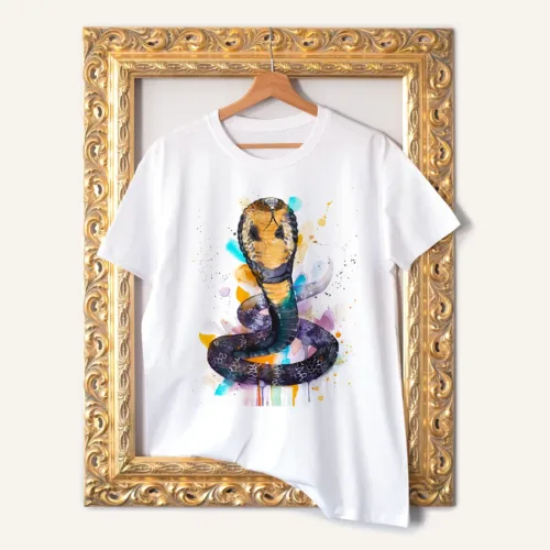King Cobra T-Shirt, Watercolor Art Tee King Cobra watercolor painting printed on a white cotton T-shirt by Slaveika Aladjova