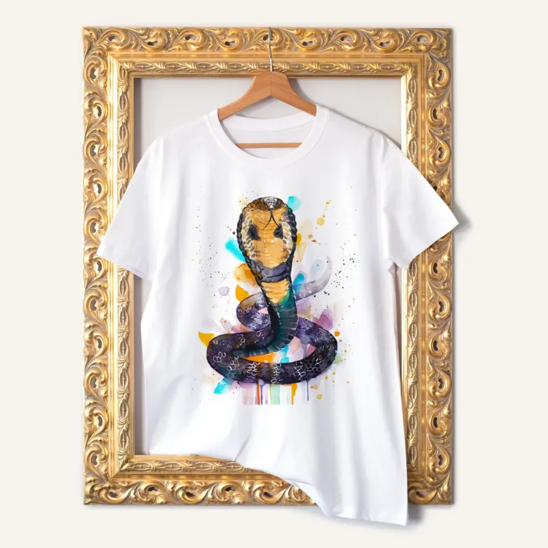 King Cobra watercolor painting printed on a white cotton T-shirt by Slaveika Aladjova
