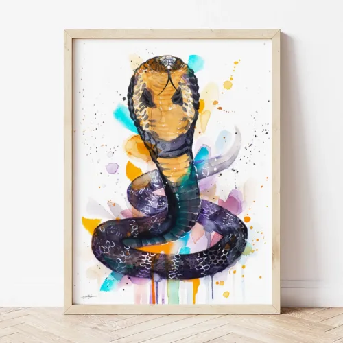 King Cobra watercolor painting the artwork on the T-shirt by Slaveika Aladjova