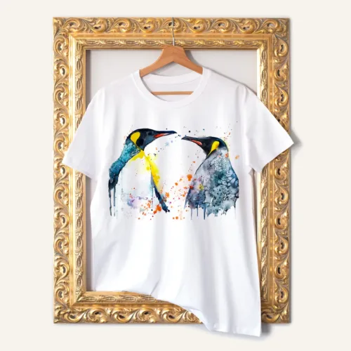 King Penguins watercolor painting printed on a white cotton T-shirt by Slaveika Aladjova