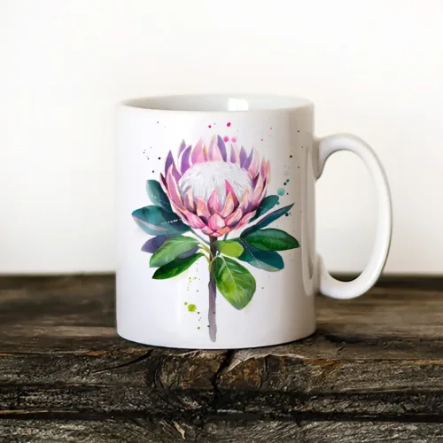 King Protea Art Mug, Watercolor Ceramic Mug 11 oz King Protea watercolor painting printed on an 11 oz ceramic art mug by Slaveika Aladjova