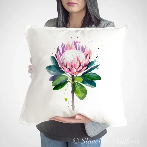 King Protea watercolor painting printed on a 50 x 50 cm cotton art pillow cover by Slaveika Aladjova