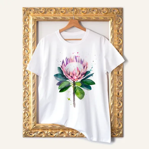 King Protea T-Shirt, Watercolor Art Tee King Protea watercolor painting printed on a white cotton T-shirt by Slaveika Aladjova