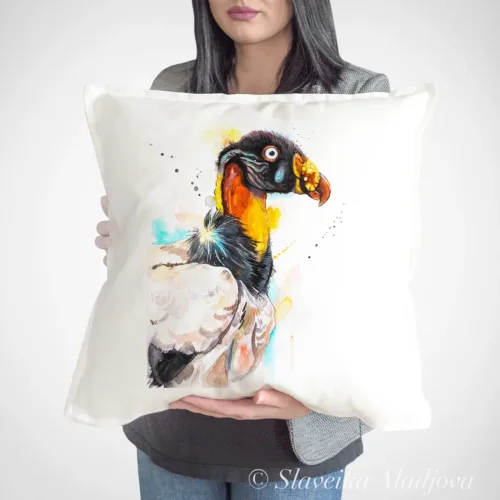 King Vulture Art Pillow Cover, Watercolor Cushion 50 × 50 cm King Vulture watercolor painting printed on a 50 x 50 cm cotton art pillow cover by Slaveika Aladjova