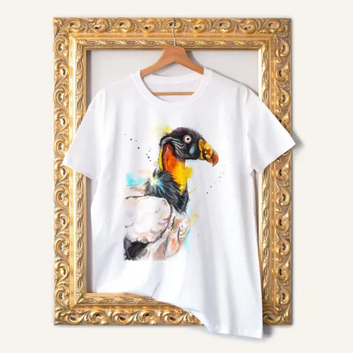 King Vulture watercolor painting printed on a white cotton T-shirt by Slaveika Aladjova