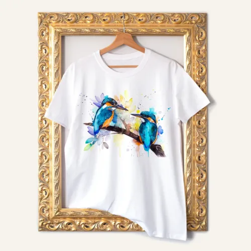 Kingfisher T-Shirt, Watercolor Art Tee Kingfisher watercolor painting printed on a white cotton T-shirt by Slaveika Aladjova