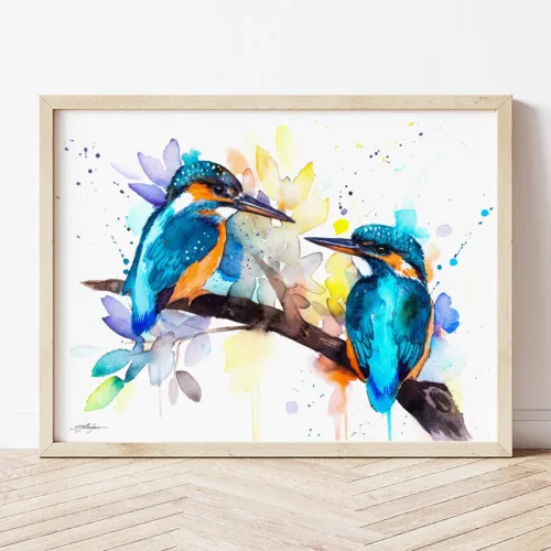 Kingfisher watercolor painting the artwork on the T-shirt by Slaveika Aladjova