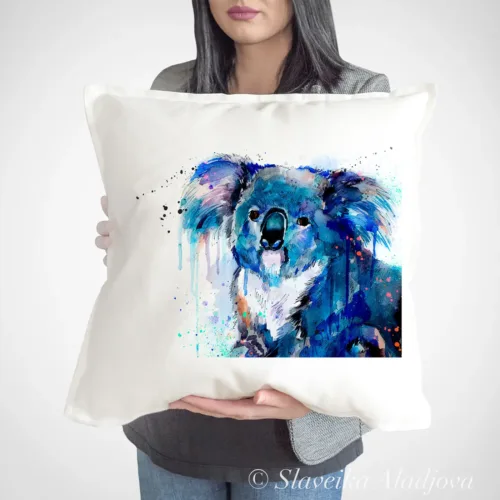 Koala Art Pillow Cover, Watercolor Cushion 50 × 50 cm Koala watercolor painting printed on a 50 x 50 cm cotton art pillow cover by Slaveika Aladjova