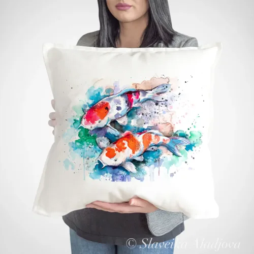 Koi Art Pillow Cover, Watercolor Cushion 50 × 50 cm Koi watercolor painting printed on a 50 x 50 cm cotton art pillow cover by Slaveika Aladjova