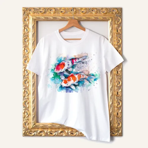 Koi T-Shirt, Watercolor Art Tee Koi watercolor painting printed on a white cotton T-shirt by Slaveika Aladjova