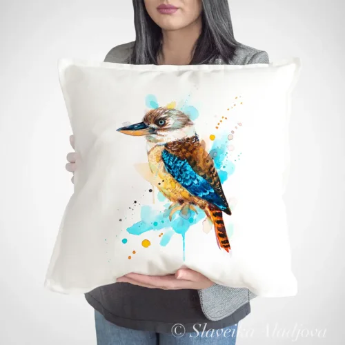 Kookaburra Art Pillow Cover, Watercolor Cushion 50 × 50 cm Kookaburra watercolor painting printed on a 50 x 50 cm cotton art pillow cover by Slaveika Aladjova