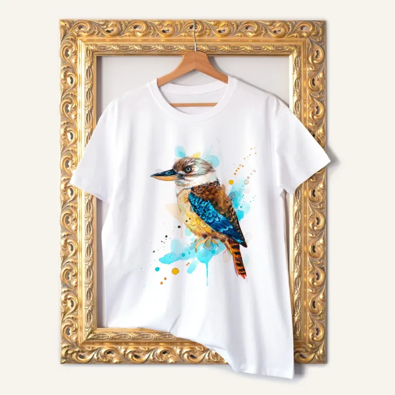 Kookaburra watercolor painting printed on a white cotton T-shirt by Slaveika Aladjova