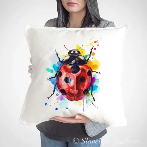 Ladybug Art Pillow Cover, Watercolor Cushion 50 × 50 cm Ladybug watercolor painting printed on a 50 x 50 cm cotton art pillow cover by Slaveika Aladjova