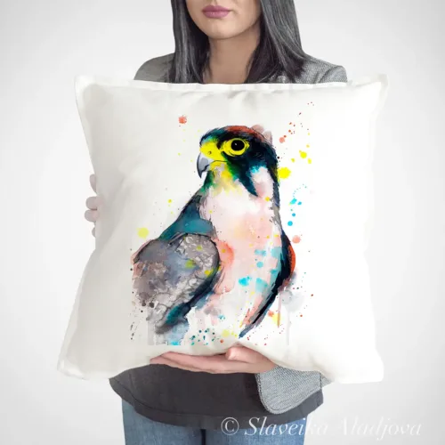 Lanner Falcon Art Pillow Cover, Watercolor Cushion 50 × 50 cm Lanner Falcon watercolor painting printed on a 50 x 50 cm cotton art pillow cover by Slaveika Aladjova