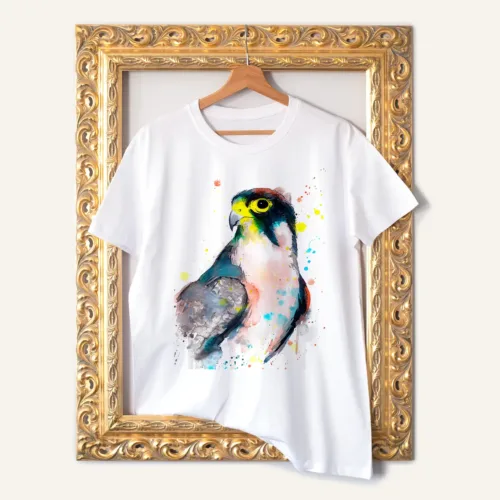 Lanner Falcon watercolor painting printed on a white cotton T-shirt by Slaveika Aladjova