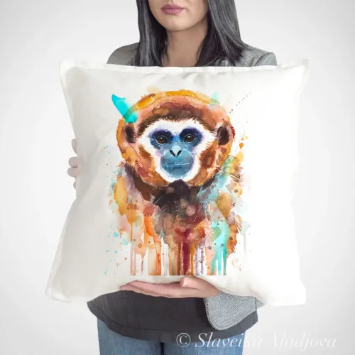 Lar Gibbon Art Pillow Cover, Watercolor Cushion 50 × 50 cm Lar Gibbon watercolor painting printed on a 50 x 50 cm cotton art pillow cover by Slaveika Aladjova