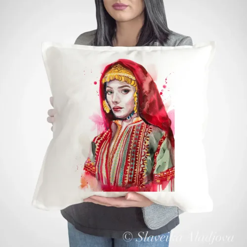 Lazarka Girl from the Village of Pirin Art Pillow Cover, Watercolor Cushion 50 × 50 cm Lazarka Girl from the Village of Pirin watercolor painting printed on a 50 x 50 cm cotton art pillow cover by Slaveika Aladjova