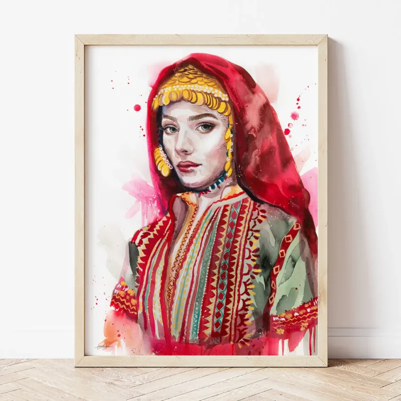 Lazarka Girl from the Village of Pirin watercolor painting the artwork on the T-shirt by Slaveika Aladjova